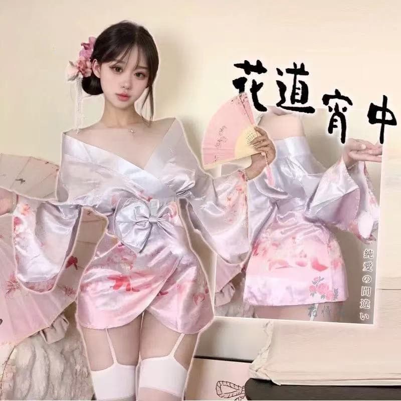 Night Listening Fragrance Sexy Lingerie Purple Sexy Bathrobe Sleepwear Flower Fox Dream Open Front Waistband Kimono Japanese Sleepwear
