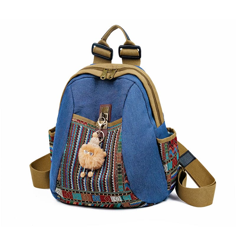 Denim backpack, large size, dirt-resistant, ethnic style, fashionable, casual, versatile, lightweight, dual-purpose, and durable.