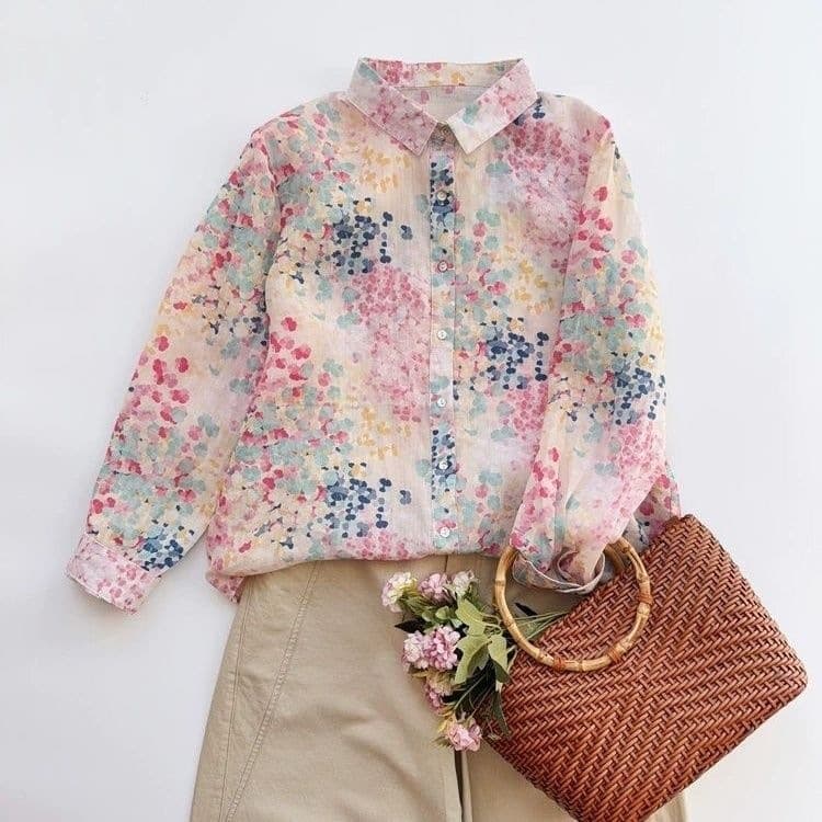 Macaron Color Floral Shirt Niche 2026 Versatile Loose Thin Printed Shirt Women's Top