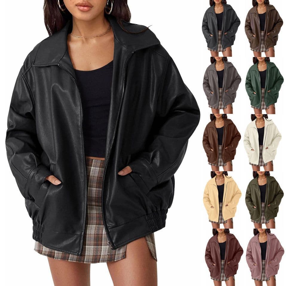 2024 New Women's Oversized Motorcycle Leather Jacket, Autumn/Winter Fashion Loose Long Sleeve Biker Coat