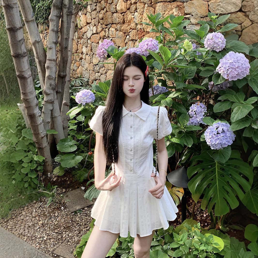 Sweet White Short Sleeve Shirt Dress Mini Pleated Skirt College Style Summer New Arrival for Small Figures Cross-Border Dresses