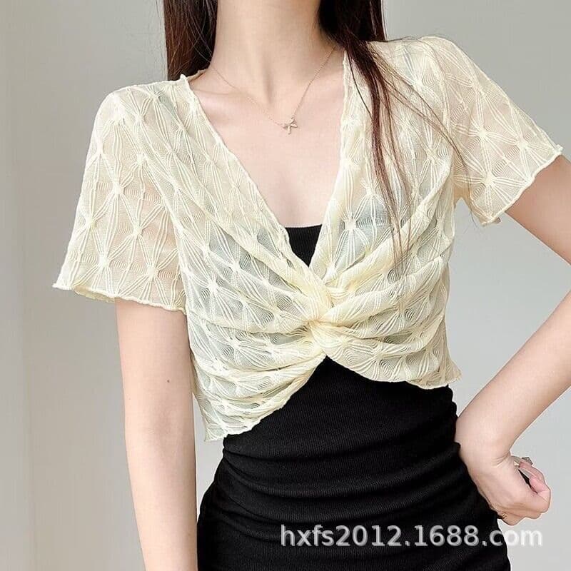Sleeveless Dress with Mesh Outer Cover, Short Sleeve Women's Summer Short Style Sun Protection Lace Shawl, Fashionable Sheer Top