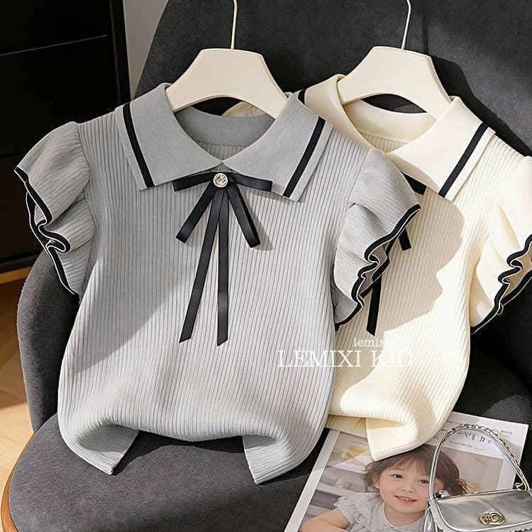 Girls' Academy Style Ice Silk Polo Short Sleeve 2026 New Summer Fly Sleeve T-Shirt Turn-Down Collar Polo Knit Top 8