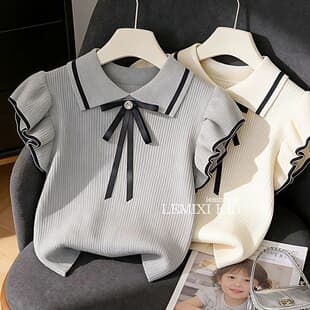 Girls' Academy Style Ice Silk Polo Short Sleeve 2026 New Summer Fly Sleeve T-Shirt Turn-Down Collar Polo Knit Top 8