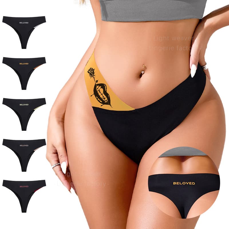 European and American Seamless Ice Silk One-Piece Low-Rise Sexy T-Back Panties Plus Size Yoga Fitness Breathable Women's Panties Printed