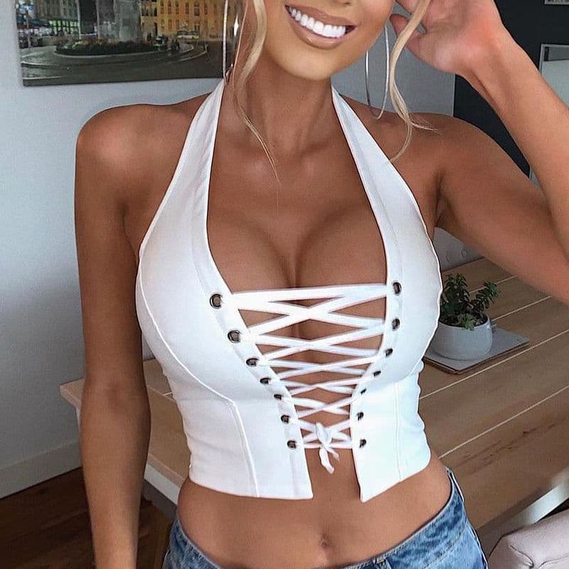 Ins Style European and American 2023 Summer Bestseller Halter Sexy Backless Tie-up Short Women's PU Vest