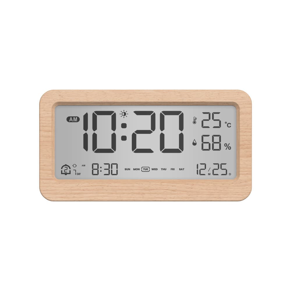 Cross-border solid wood electric alarm clock temperature and humidity display electronic clock dual alarm calendar backlight adjustable desk clock