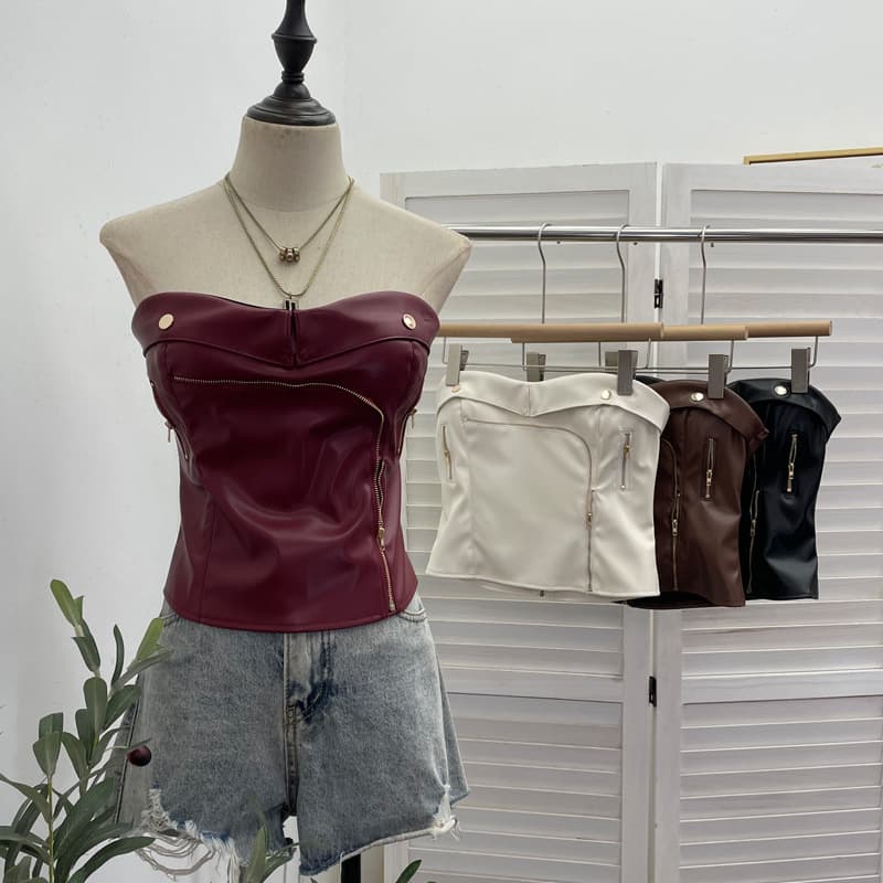 Real Shot PU Leather Strapless Top with Built-in Pads, Anti-Slip Strip, Zipper Design, Wrap Style, Short Sleeveless Blouse 8072
