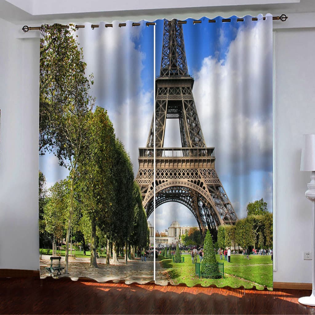 3D digitally printed Eiffel Tower curtains, cross-border blackout bedroom curtains, blackout fabric with perforated hooks and rods.
