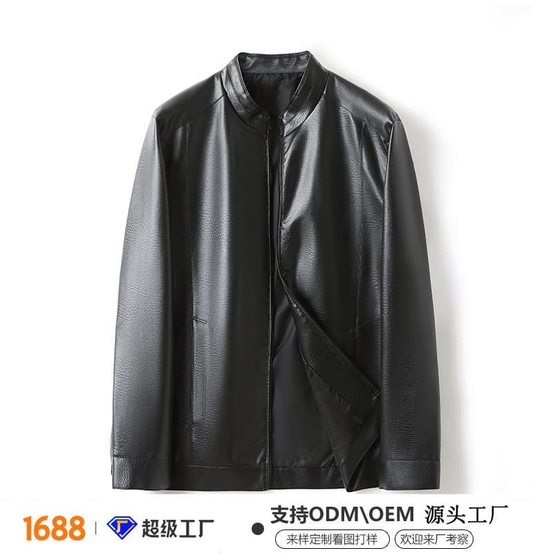 Men's stand collar leather jacket slim fit autumn and winter new Haining leather jacket men's middle-aged velvet thickened jacket men
