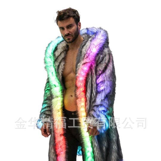 Carnival performance party costumes men's European and American cosplay hooded LED electronic music festival costumes faux fur coat
