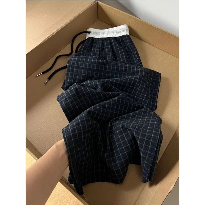 Plaid Color-Block Casual Pants for Women American Style New Elastic Waist Checkered Straight-Leg Pants Fashionable Loose Slimming Wide-Leg Trendy