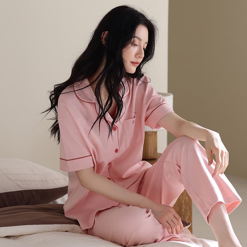 Pure Cotton Women's Pajamas, New Spring and Summer Style, Solid Color, Skin-Friendly, Lapel Short-Sleeved, Long-Pants Loungewear Set, Suitable for Wearing Outside