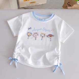 Girls Cartoon Print Short Sleeve Summer New Style Cute Drawstring Slim T-Shirt Baby Girl Versatile Casual Color Block Top