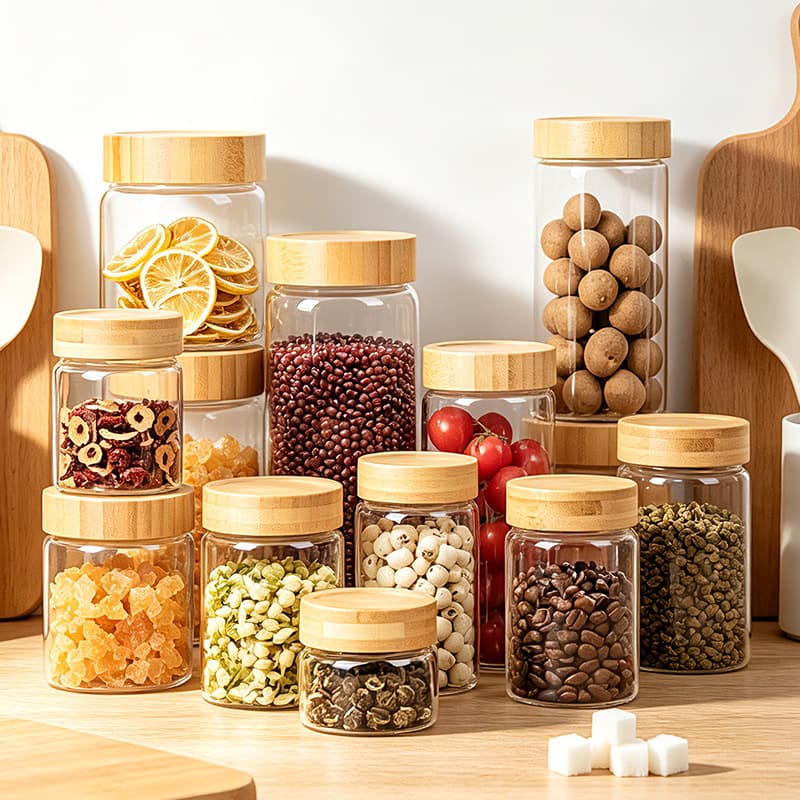 Food grade high borosilicate glass jar bamboo wood threaded lid coffee grains moisture-proof kitchen large capacity storage jar