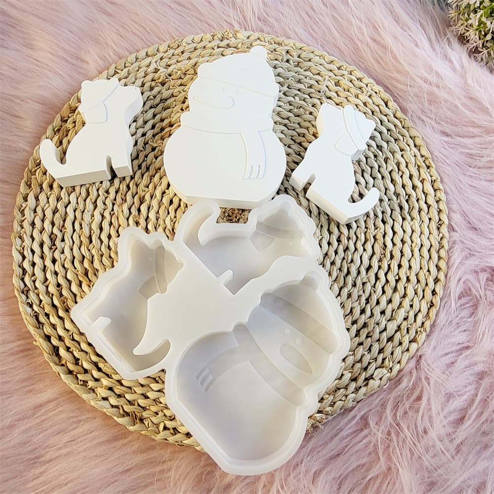 S0712 Christmas Dog Snowman Combination Ornament Decoration Cement Plaster Mold DIY Silicone Mold