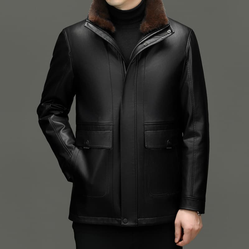 Haining Middle-aged and Elderly Father's Jacket Detachable Fur Lining Leather Jacket Men's Mid-Length Thickened Fleece Fur Lined