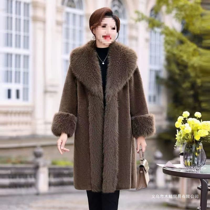 2025 Winter New Imitation European Mink Velvet Fur-Integrated Coat Imitation Fox Fur Collar Extended Length Haining Imitation Fur Coat