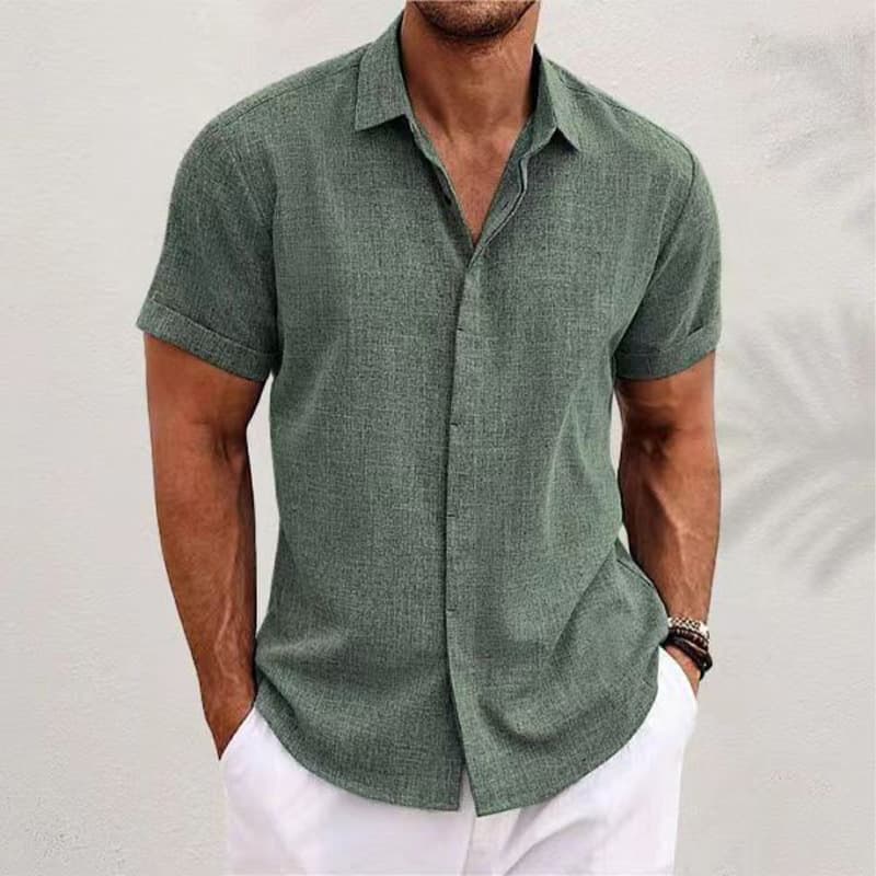 2025 Cross-Border European and American Short Sleeve Loose Shirt Solid Cotton Linen Shirt Beach Plus Size Men's Short Sleeve Shirt