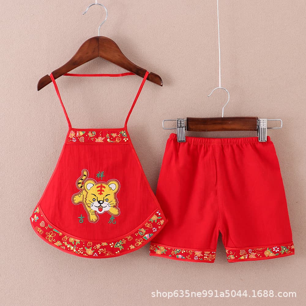 Baby Belly Wrap Set Summer Thin Red Shorts Infant Full Moon Suit 100 Days Suit First Birthday Suit