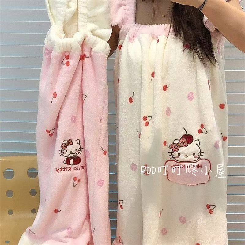 Hello Kitty Cherry Series Bathrobe with Delicate Embroidered Lace Design, Absorbent Bathrobe for Girls