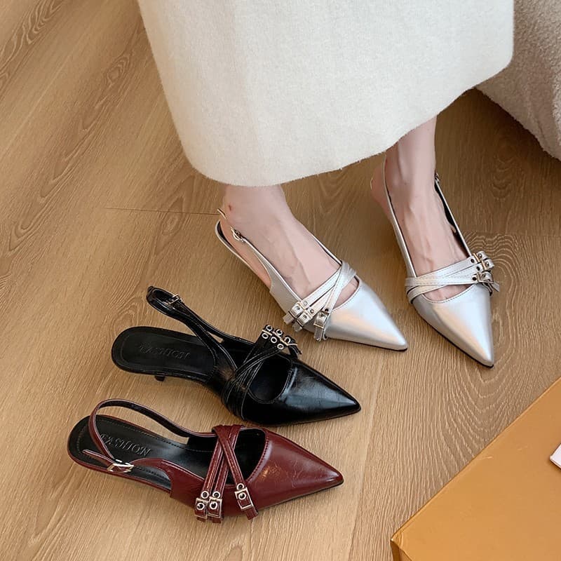 Niche High Heels Red Closed-Toe Sandals Fairy Shoes 2025 New Spring Summer Black French Pointed-Toe Flats