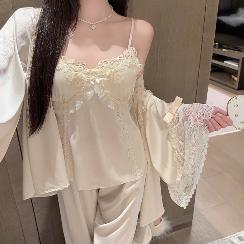 Cross-Border Factory New Ice Silk Pajama Four-Piece Set Sexy Padded Camisole Shorts French Style Homewear Wearable Outside
