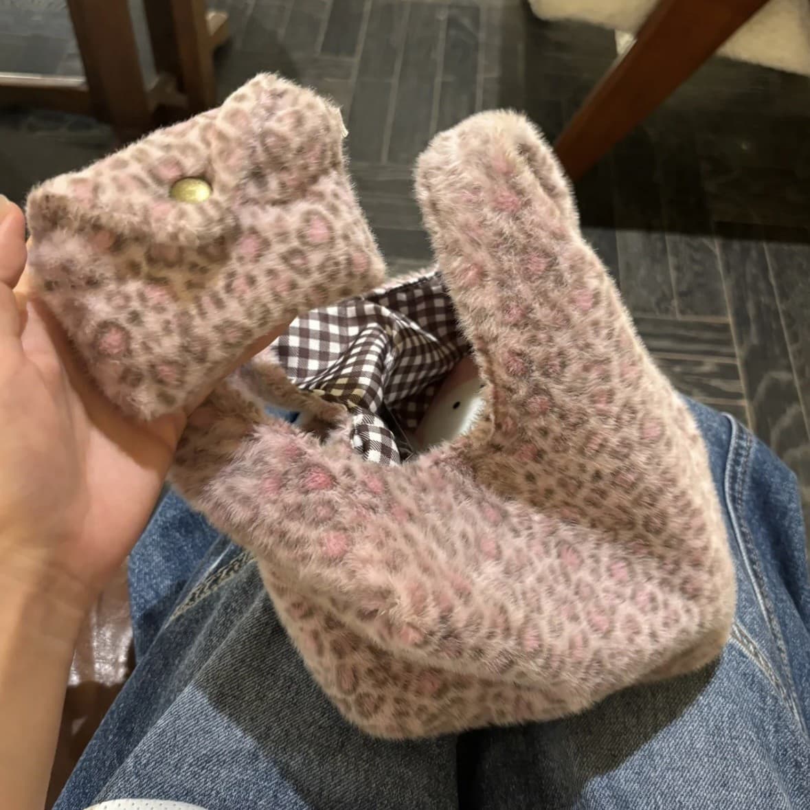 Autumn Winter Plush Purple Leopard Print Small Card Holder CCD Storage Bag Portable Cute Handbag Soft Handheld Bag