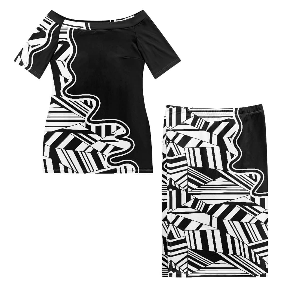Samoa Traditional Two-Piece Set Abstract Print Women's Short Sleeve Top Long Skirt Polyester Spandex Island Costume