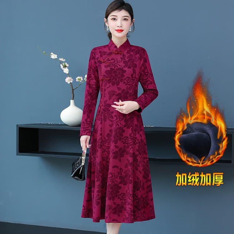 Fashionable Mother Autumn/Winter Thickened Fleece Dress Middle-aged Women Stylish Wedding Banquet Gown Qipao Dress