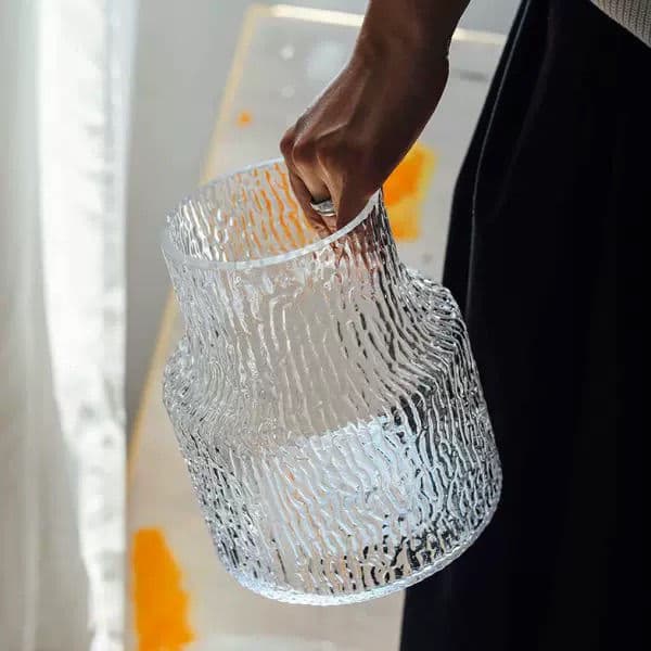 European Handmade Hammered Glass Glacier Vase, Niche Luxury Wide-mouth Dining Table Display for Model Home Decoration Wholesale