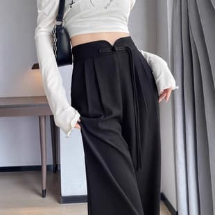Women's Black Loose-Fit Trousers for Spring and Autumn, Flowing Straight-Leg Pants, Chinese-Style Casual Pants, High-Waist Slimming Design