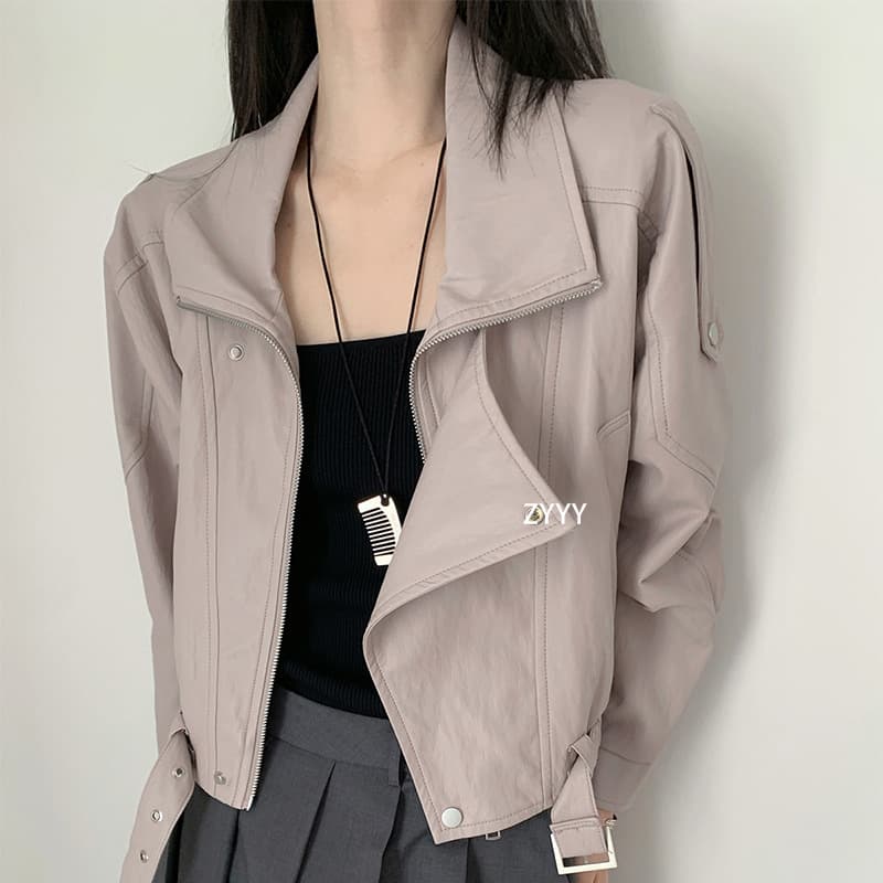 2026 Spring New Stylish Short Leather Jacket for Women Slim Fit Notch Collar Washable Metallic Wire Leather Coat