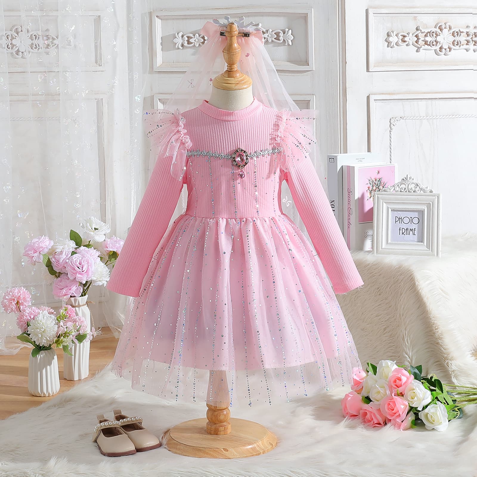 Girls Autumn Elsa Ribbed Dress Fashionable Long-Sleeve Princess Dress for Older Kids Tulle Tutu Dress