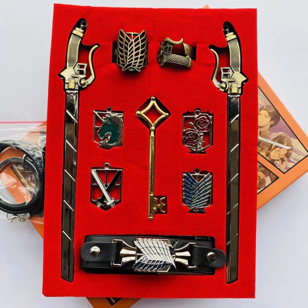 Anime Cartoon Attack on Titan Wings of Freedom Ring Pendant Weapon Set Eren Levi Keychain Charm