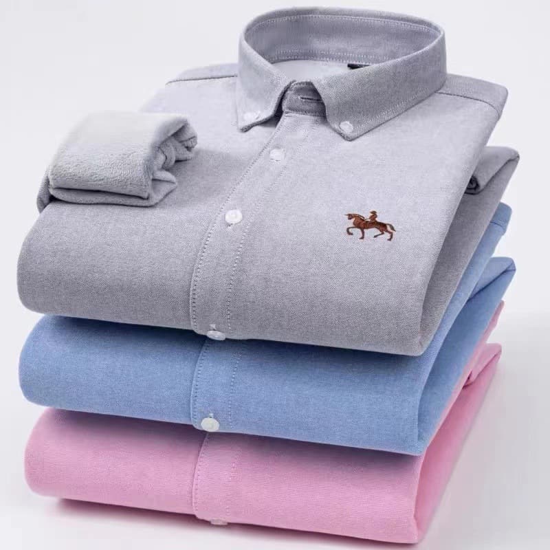 Men's Autumn/Winter Pure Cotton Oxford Warm Shirt, Long Sleeve, Casual, Solid Color, Fleece Lined, Thickened, Wrinkle-Free Shirt