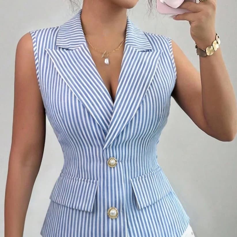 Cross-Border Europe and America Striped Sleeveless Shirt 2026 Summer Waist-Tightening Slim Vest Blouse Women's Clothing for Export