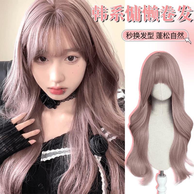 Xuchang Thin Rattan Pink Purple Wig Women's Long Hair Natural Daily Big Wave Long Curly Hair Artificial Human Wig Headgear