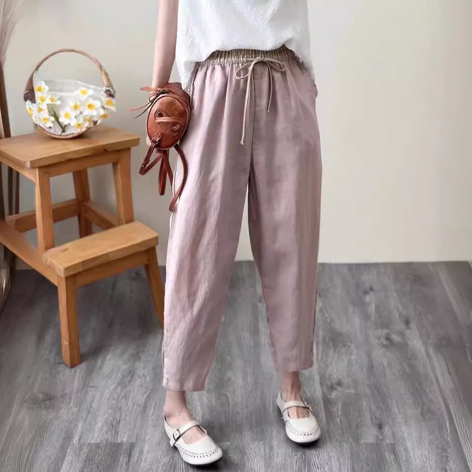 Artistic Linen Casual Pants 2023 Summer New Style Inner Bound Seam Women's Color Block Elastic Waist Drawstring Ankle-Length Pants