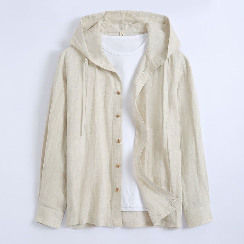 Spring and Summer Pure Color Linen Shirt Men's Loose Thin Hooded Cotton and Linen White Top Sun Protection Clothing Men's Linen Shirt