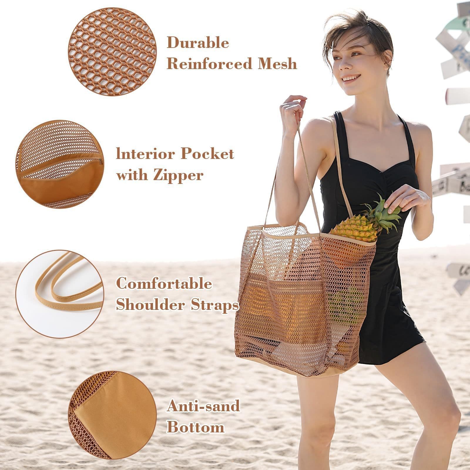 Cross-border new folding beach bag mesh handbag, women's shoulder bag shopping bag summer outdoor travel bag