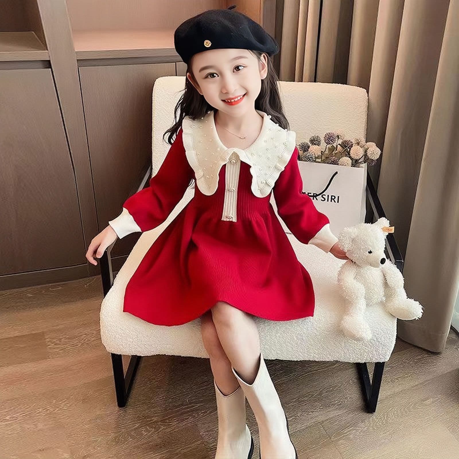 Girls' New Autumn/Winter Pearl Dress, Pearl-Trimmed Stylish and Versatile Cute Dress for Toddlers and Kids, Red Festive Dress