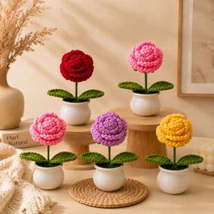 Knitted Decoration Fake Flower Amazon Hot Selling Artificial Flower Rose Potted Plant Desktop Decoration Yarn Crochet Potted Bouquet