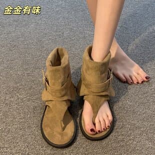Block Heel Khaki Toe-Clip Ankle Boots Short Boots for Women 2025 New Summer Matching Dresses Western Boots Summer Sandals