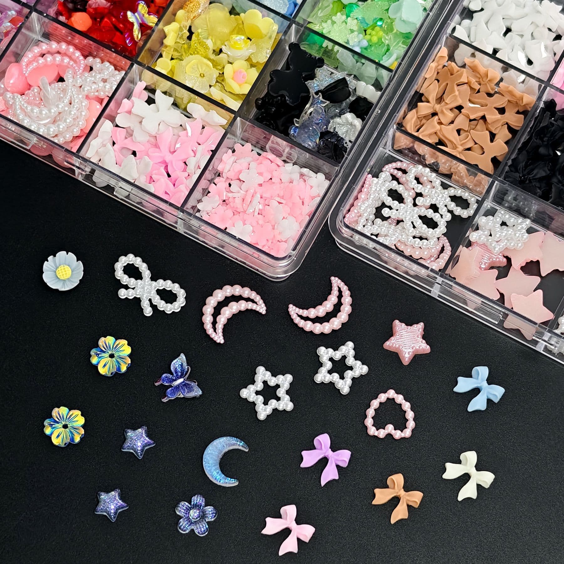 Cross-border 12-box boxed nail art jewelry resin five-petal flower mixed bow hollow love nail decoration material