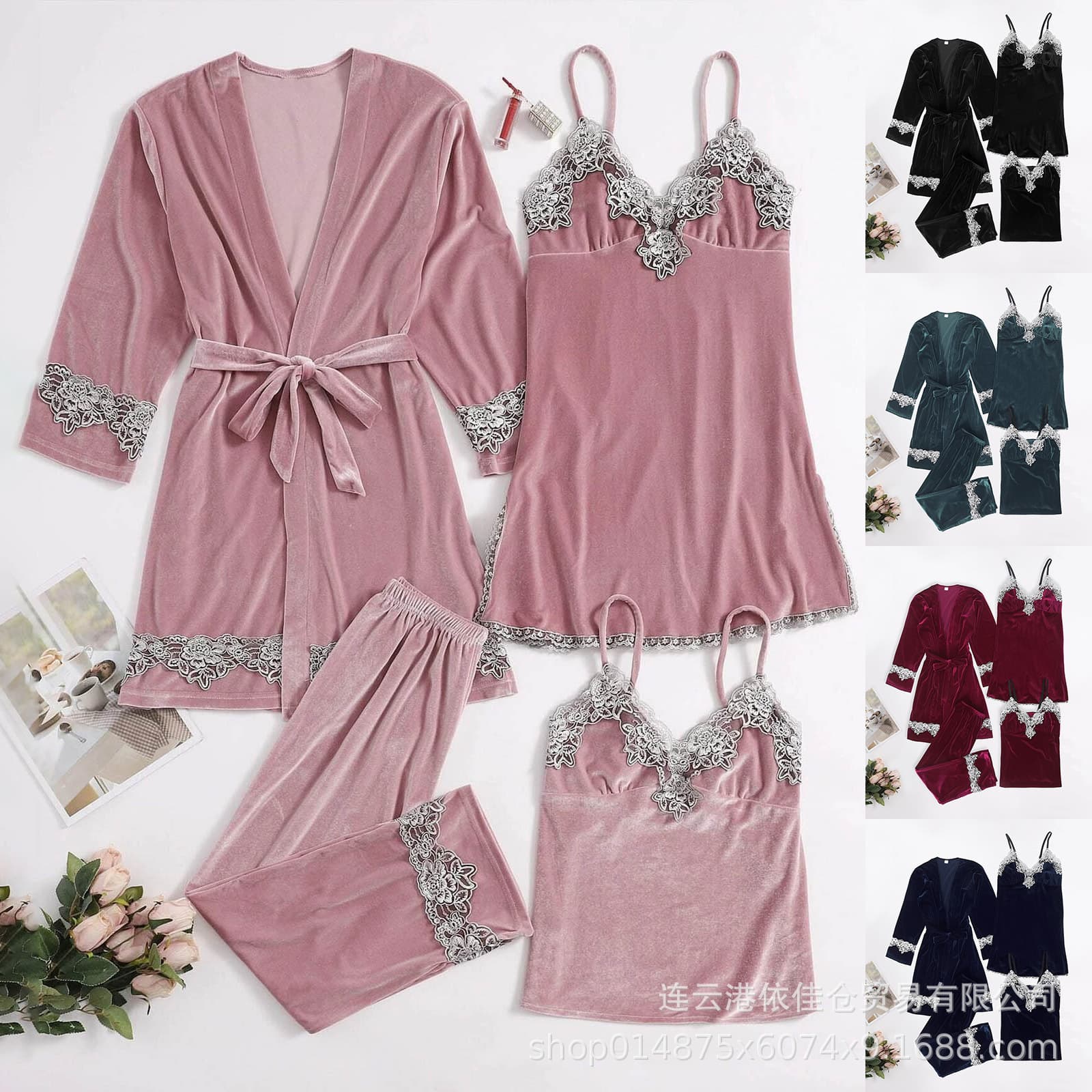 Women's Velvet Sleepwear Long Sleeve Strap Design Four Piece Set with Chest Pad Autumn Winter New Style Korean Version Home Clot