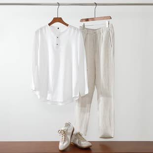 New Linen Round Neck Shirt for Men, Loose Fit, Large Size, Simple and Comfortable Cotton-Linen Long Sleeve Pullover, Linen Suit