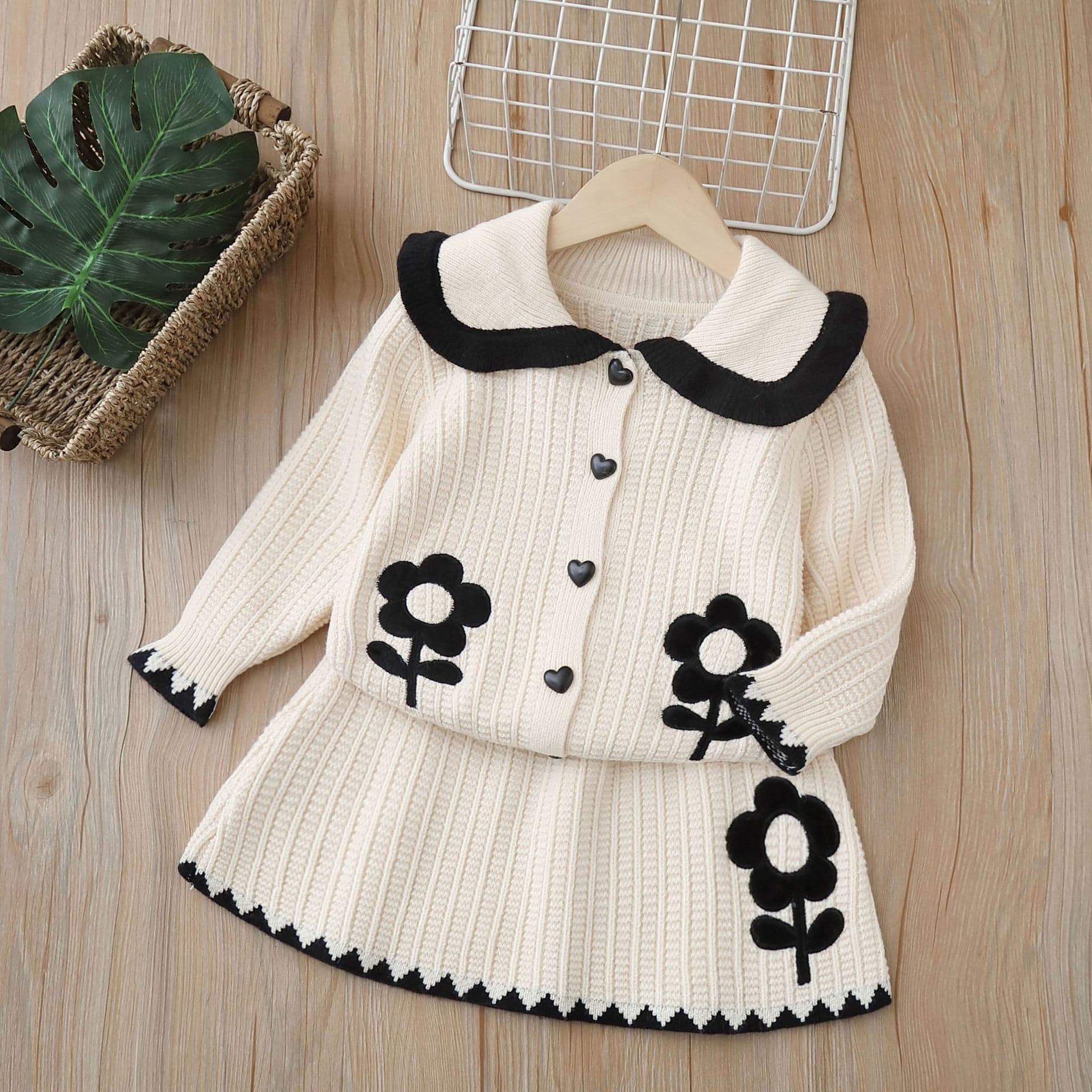 Knit Two-Piece Set Fall/Winter New Style Girls' Sweater Dress Set Little Girl Big Lapel Cardigan Top Set