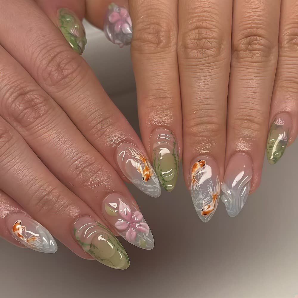Fresh Pink Floral Nail Art 3D Dimensional Waterweed Goldfish Epoxy Press-On Nails Hand-Painted False Nail Tips EP20