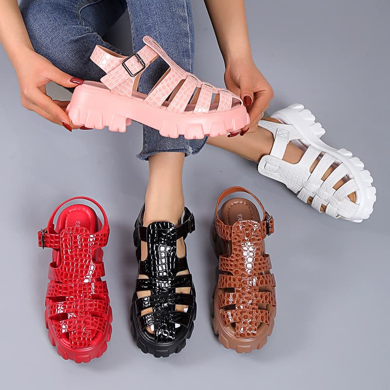 Women's Roman Style Thick Bottom Texture Sandals Hollow out Woven Platform Slip-On Shoes round Toe Casual Comfortable Footwear